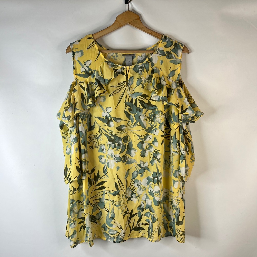 Catherines Cold Shoulder Blouse Womens 1X Yellow Floral Ruffle Keyhole Top